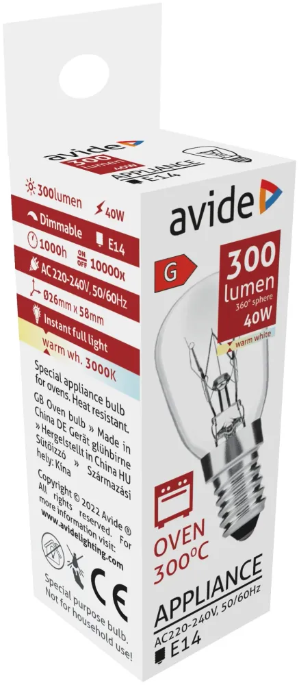 Avide Sütőizzó 300°C izzó 40W E14 WW 3000K AROB14WW-40W