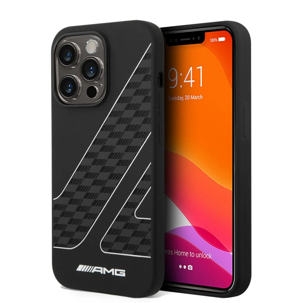 AMG – iPhone 14 Pro Max hátlap – Kétrétegű – Kockás zászló mintás – Fekete