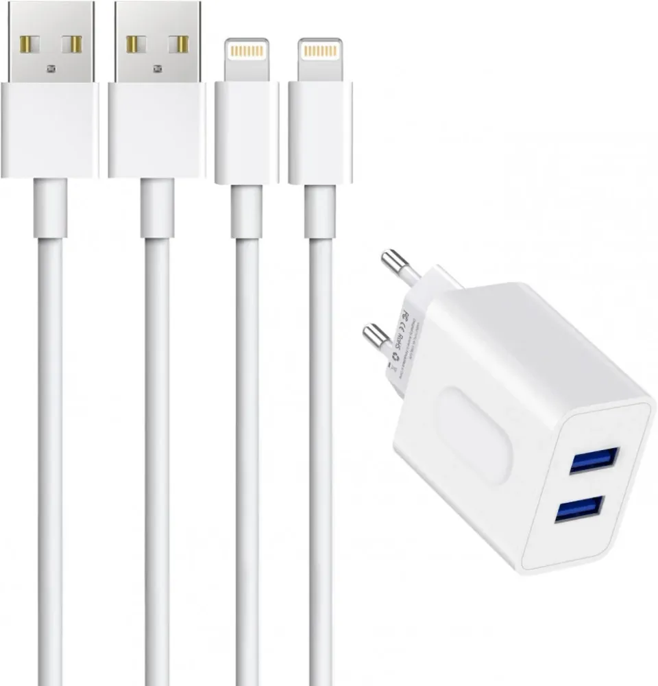 Amoner 2-Port USB- Fali Töltőadapter, 2 db Lightning Kábellel Apple Készülékekhez