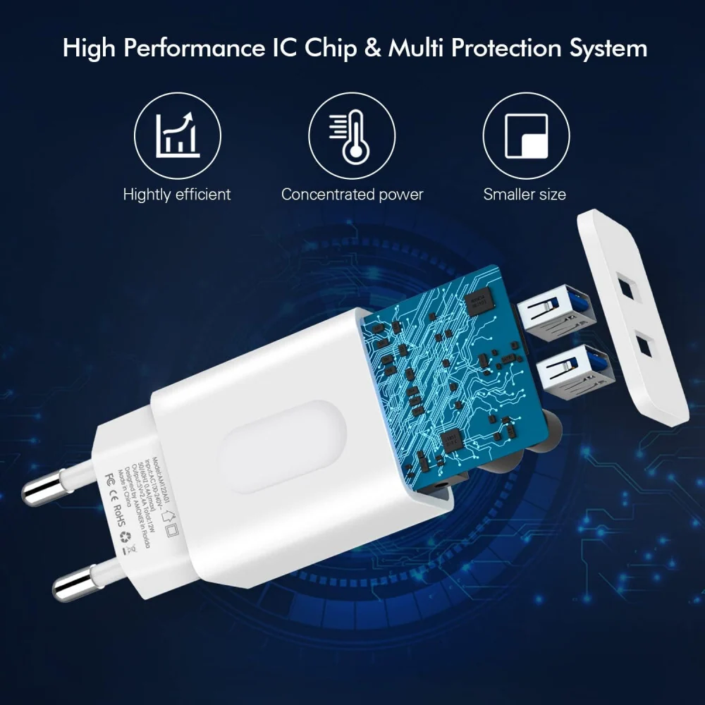 Amoner 2-Port USB- Fali Töltőadapter, 2 db Lightning Kábellel Apple Készülékekhez