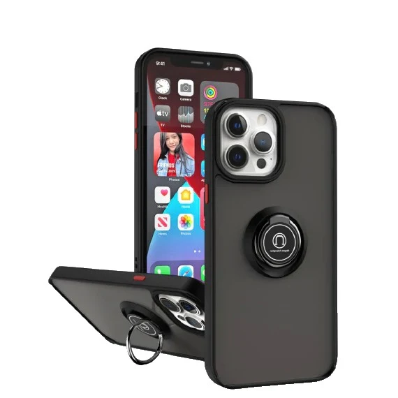 Anti Fall fém konzolos tok Apple iPhone 14 Pro készülékhez, ütésálló, színes élek, mágneses tartógyűrűvel, Vivimall, fekete