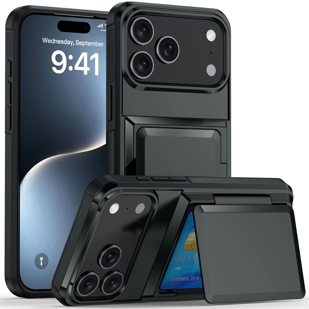 Apple iPhone 17 Pro Max kompatibilis védőtok, Vivimall, kártyatartó, csúszásgátló, PC védelem, karcálló, fekete