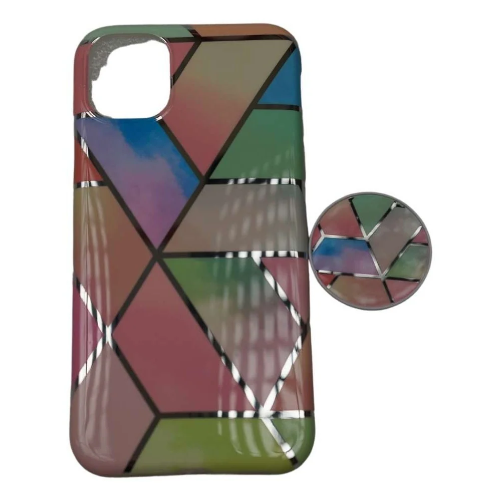 Apple iPhone 11 Soft IMD TPU márvány geometriai tok, rózsaszín, tartóval