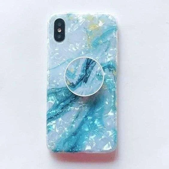 Apple iPhone XR védőtok, puha IMD TPU, márvány kék, tartóval együtt
