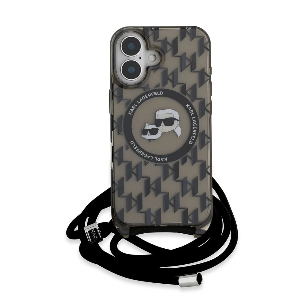 Karl Lagerfeld – iPhone 16 hátlap – MagSafe IML – KC fejek – Zsinór – Fekete