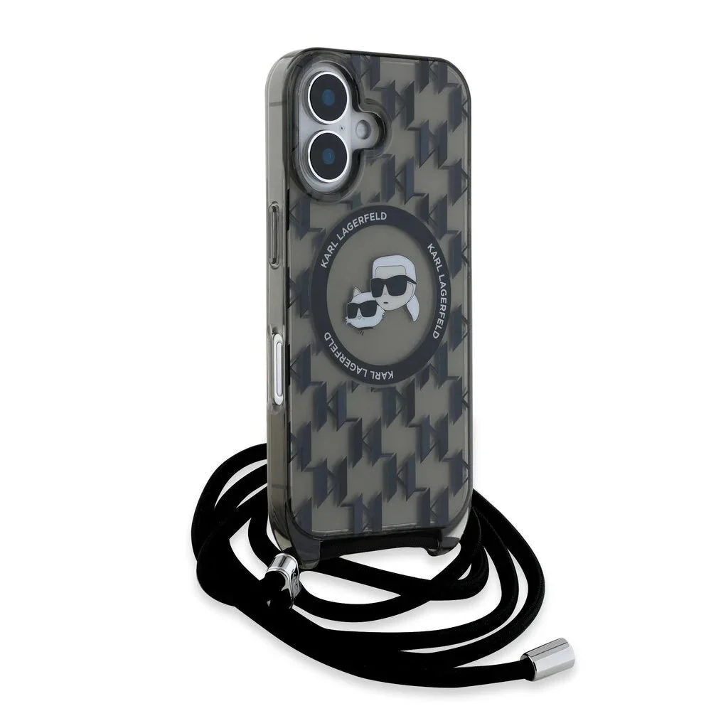 Karl Lagerfeld – iPhone 16 hátlap – MagSafe IML – KC fejek – Zsinór – Fekete