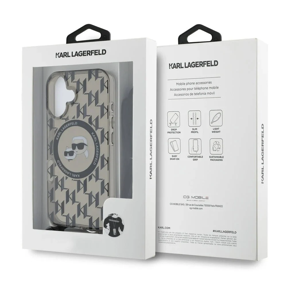Karl Lagerfeld – iPhone 16 hátlap – MagSafe IML – KC fejek – Zsinór – Fekete