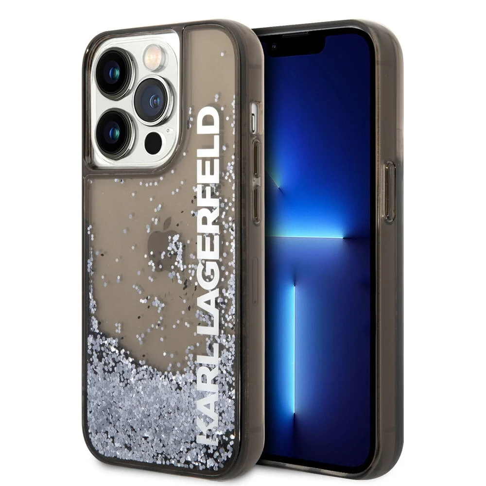 Karl Lagerfeld – iPhone 14 Pro Max hátlap – Folyékony csillámok – Fekete