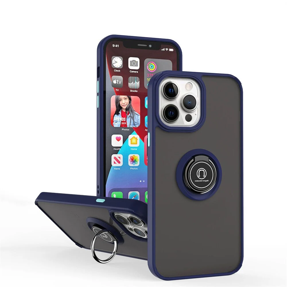 Vivimall Anti Fall Metal Bracket tok Apple iPhone 14-hez, ütésálló, színes élekkel, mágneses gyűrűvel, kék