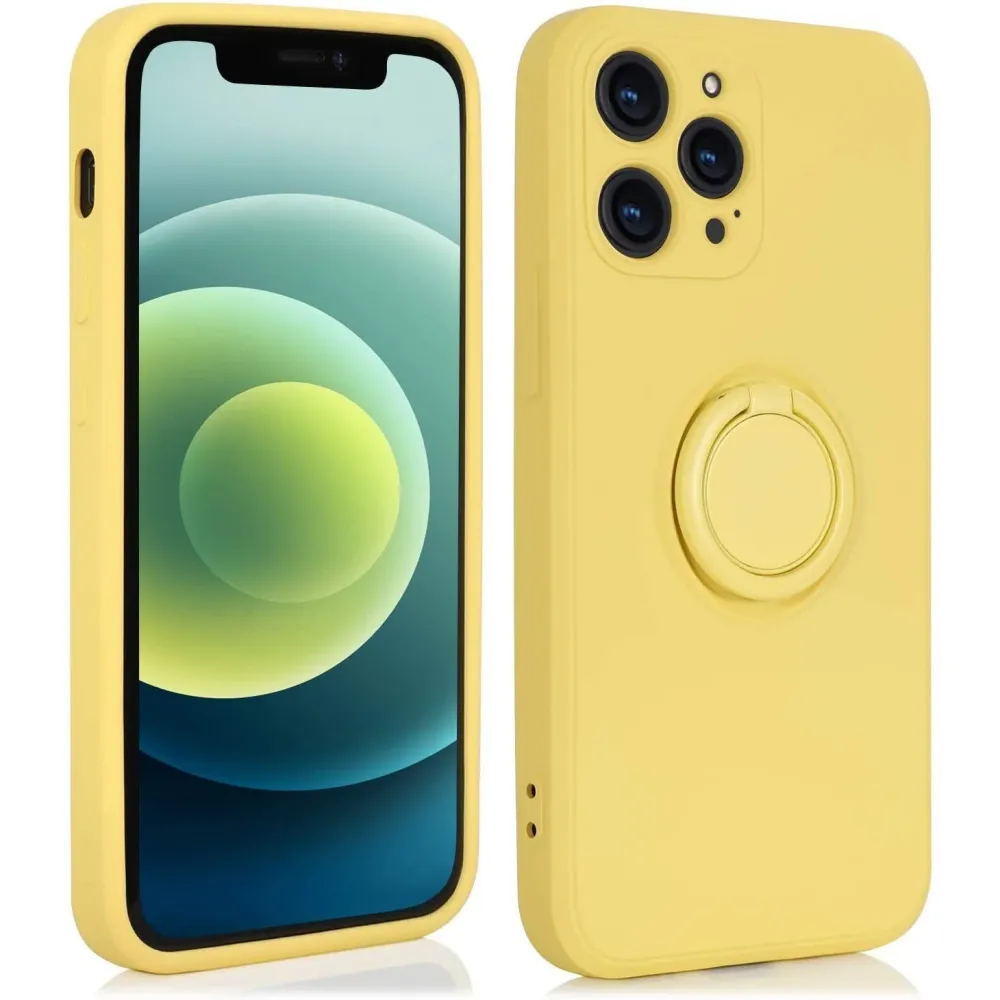 Vivimall védőtok Apple iPhone 13 Mini Liquid Silicone Ring, forgatható állvánnyal, sárga
