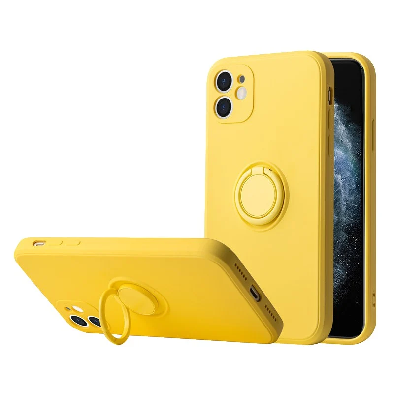 Vivimall védőtok Apple iPhone 13 Mini Liquid Silicone Ring, forgatható állvánnyal, sárga