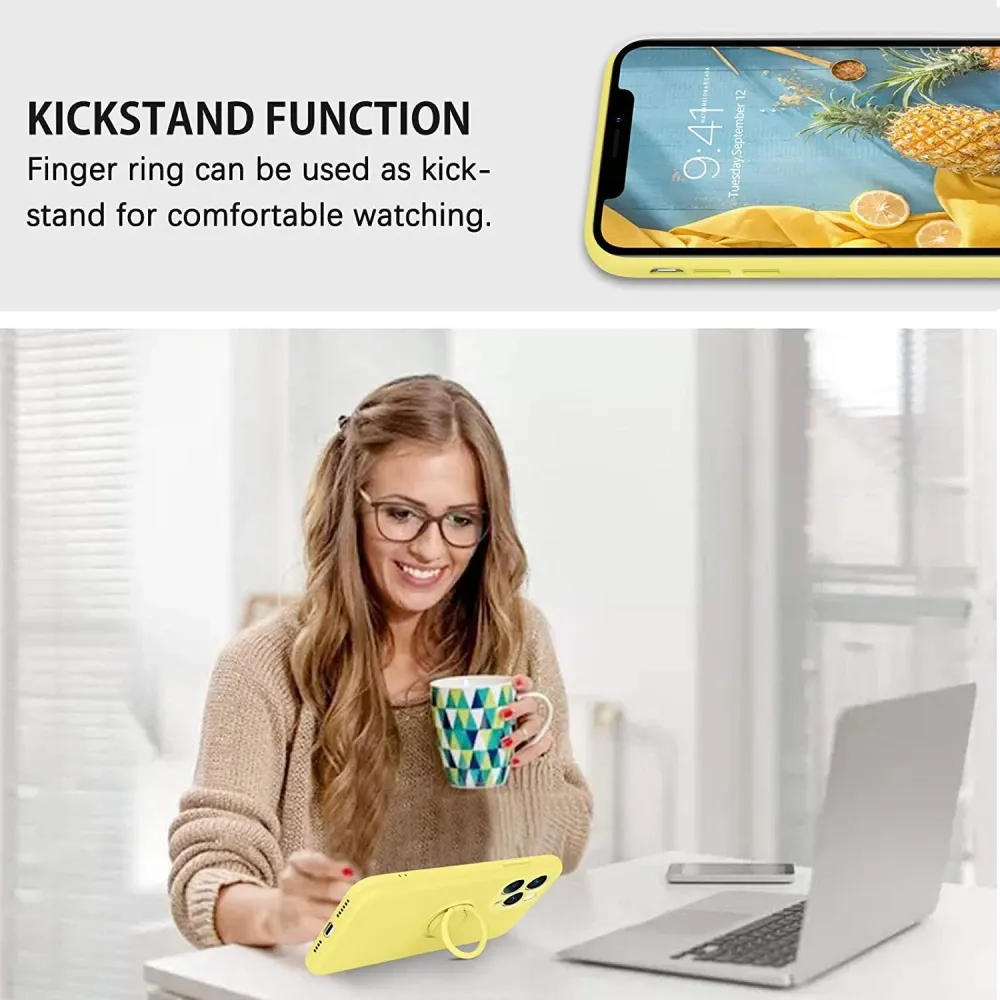 Vivimall védőtok Apple iPhone 13 Mini Liquid Silicone Ring, forgatható állvánnyal, sárga