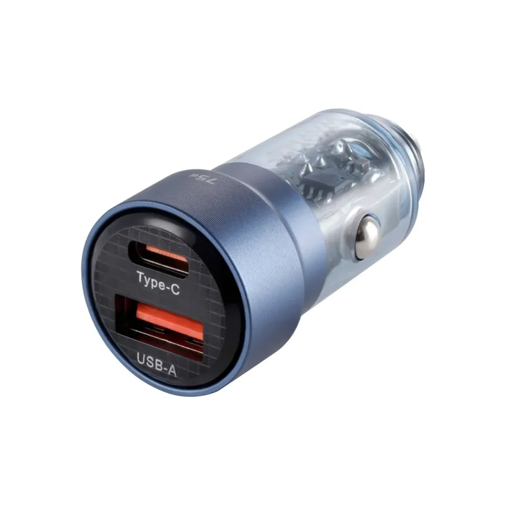 WAYME töltő 12/24V, USB 30W + USB-C PD 45W, átlátszó kék