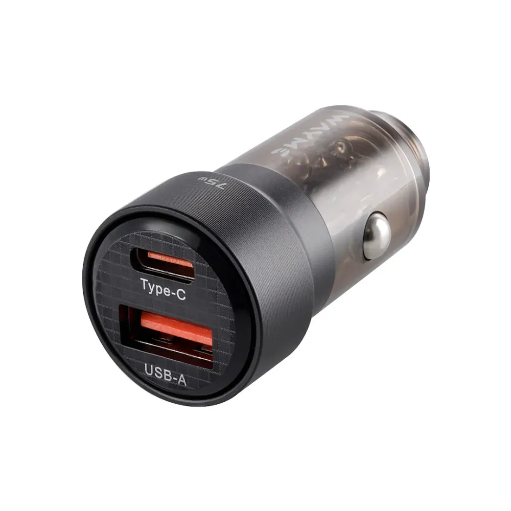 WAYME töltő 12/24V, USB 30W + USB-C PD 45W, fekete átlátszó