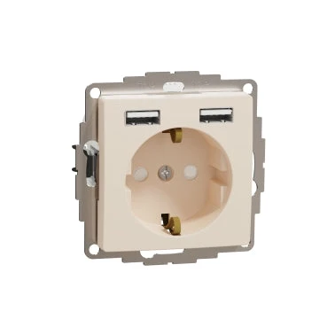 Schneider ÚJ SEDNA 2P+F csatlakozóaljzat, BZS, kettős USB töltővel, rugós, 16A/2.4A, bézs SDD112052