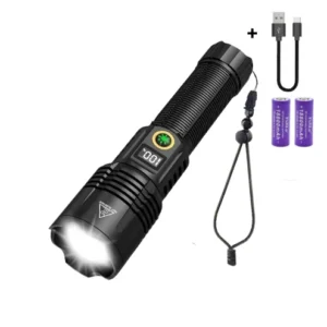 VTM.® Professzionális LED zseblámpa, C típusú és USB töltés, elemmel, akkumulátor százalékos kijelző, világítási távolság...