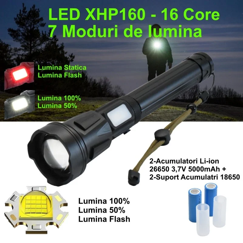 XHP-160/16CORE Professzionális LED zseblámpa, USB töltés, elemmel, akkumulátor kijelző, világítási távolság 500 m, tökélet...