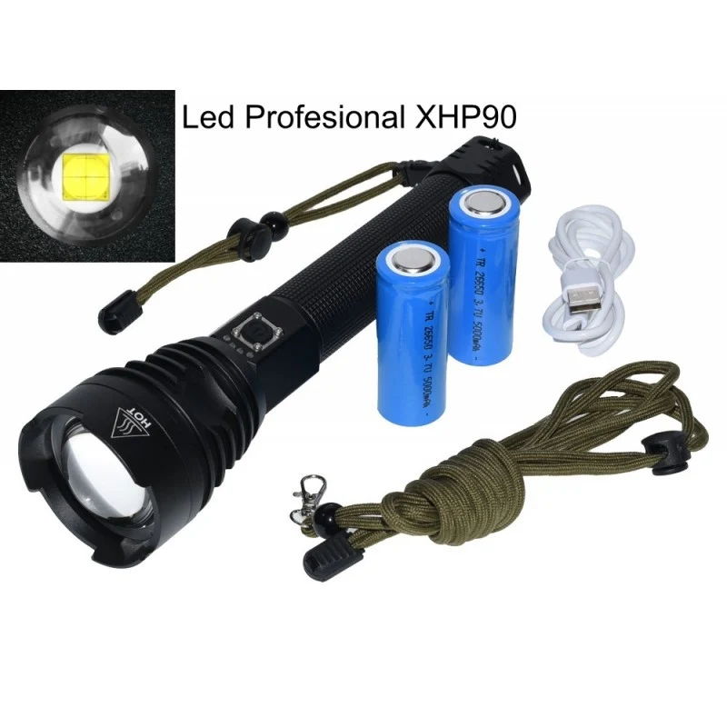 XHP90 professzionális LED zseblámpa, USB Type C töltés, akkumulátorok mellékelve, akkumulátor kijelző, világítási távolság...