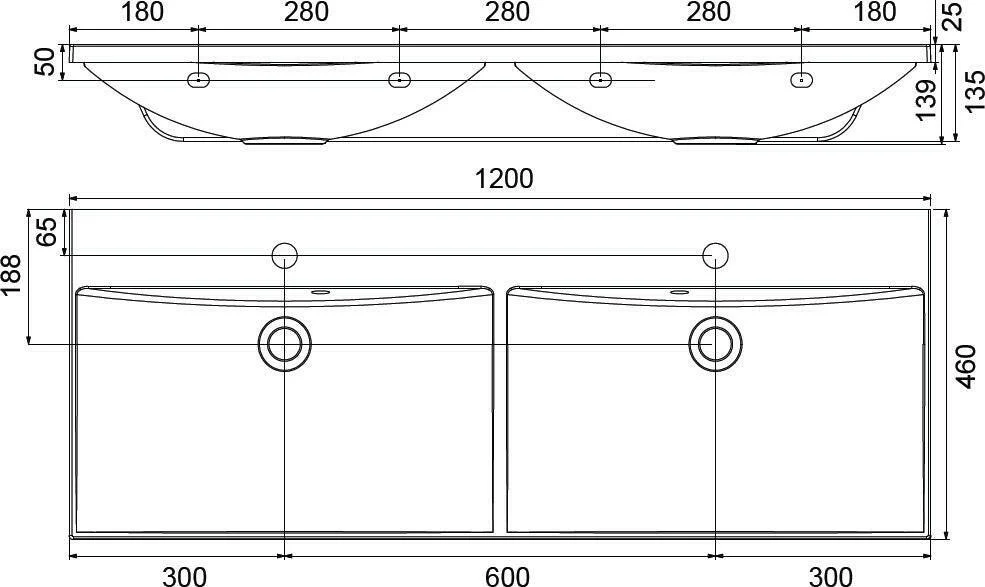 RAVAK Flat Duo 120x46 mosdó fehér, túlfolyóval ( XJP01112000 )