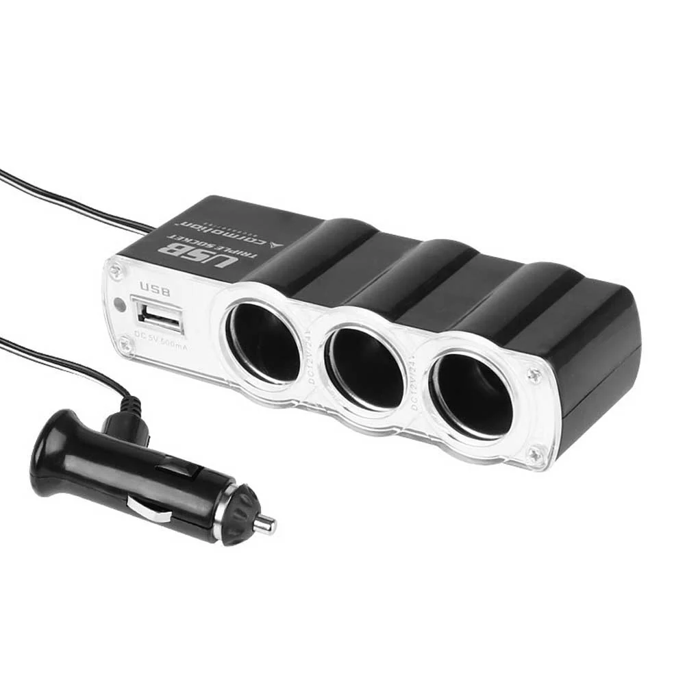 Szivargyújtó elosztó 12/24V - 3 részes, USB-vel