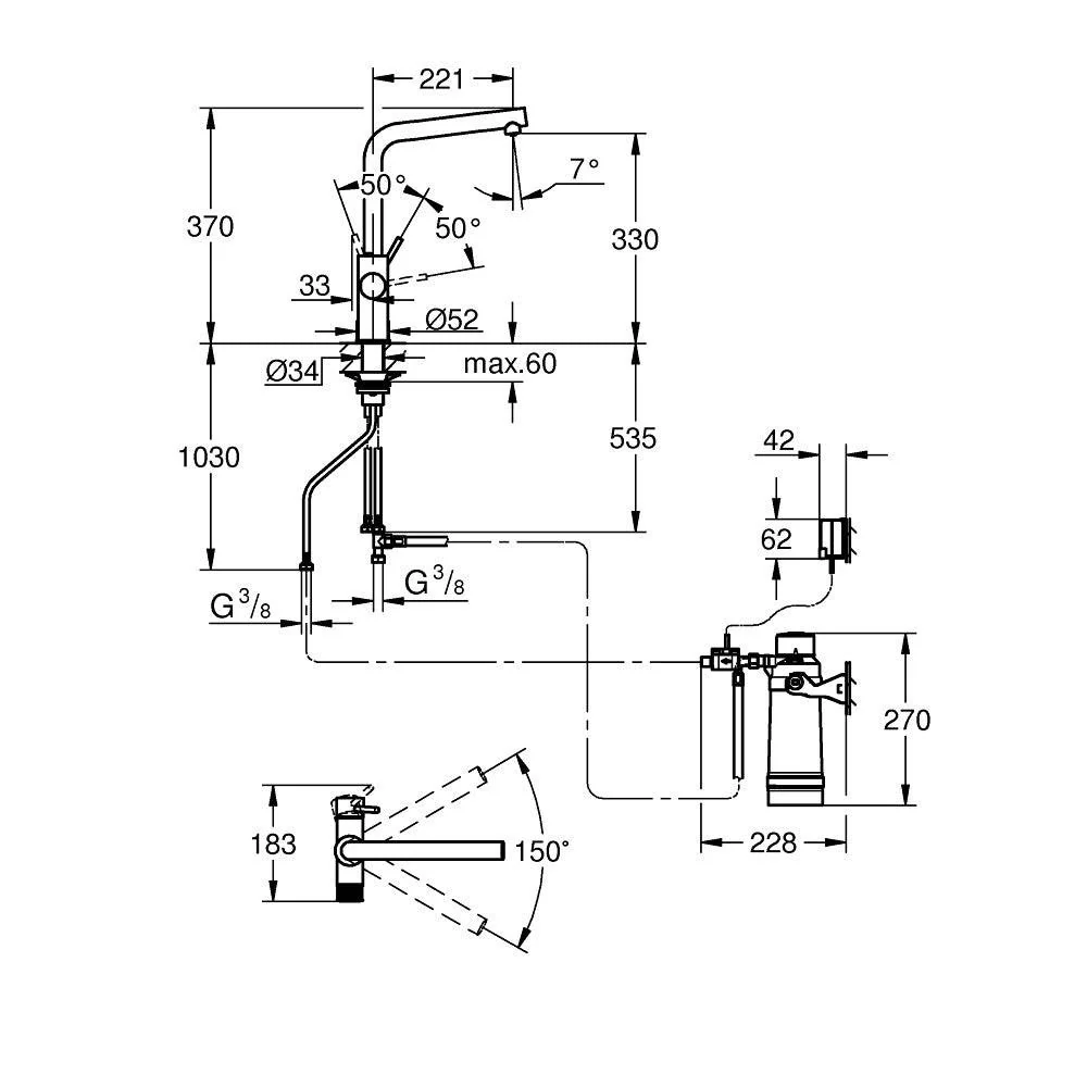 Grohe Blue Pure Minta L-kifolyós kezdőkészlet S-es méretű filterrel, króm (30589000)