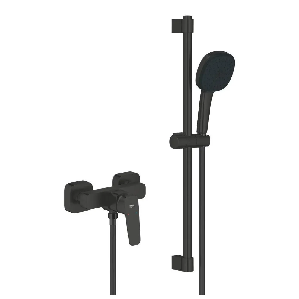 Grohe Cubeo zuhany csaptelep + Tempesta Cube 110 zuhanyszett fali zuhanyrúddal, matt fekete (1018252430)